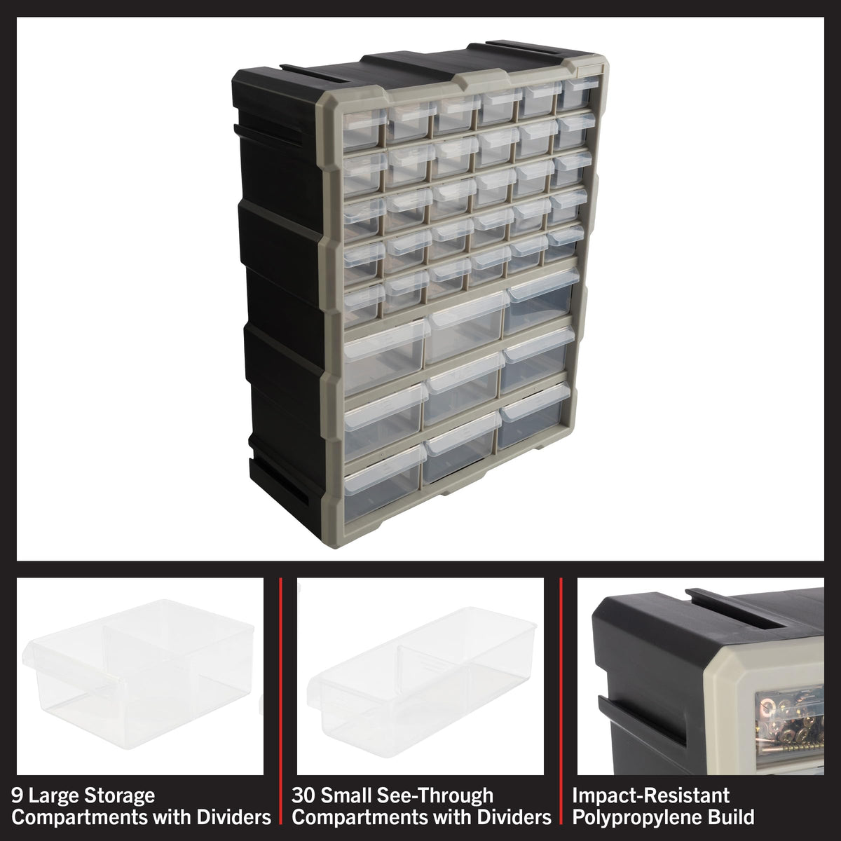 Stalwart organizer drawer open shows large and small bins for versatile storage.