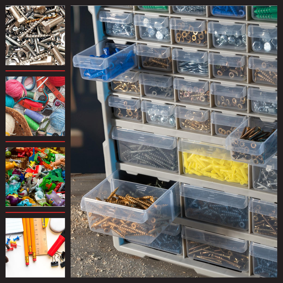 Stalwart large drawers offer space for bulk hardware and tools.