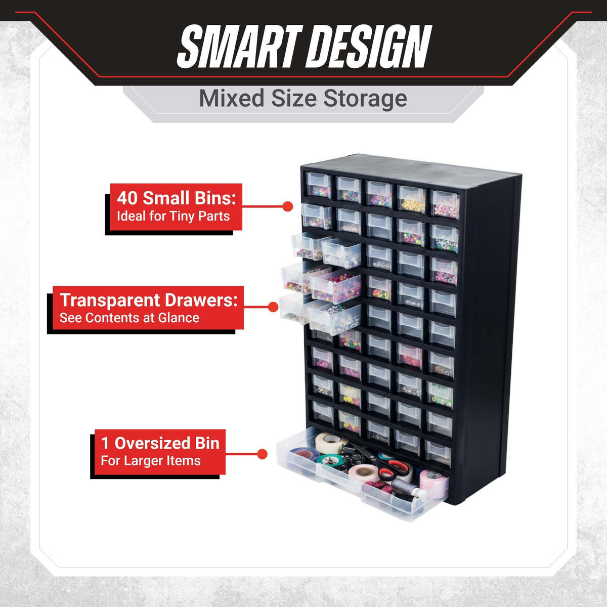 Stalwart 41-drawer organizer with bottom oversized drawer opened for bulk items.