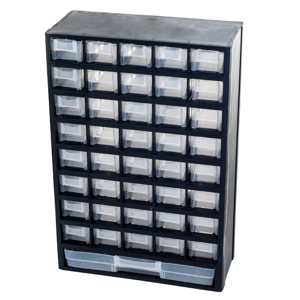 Stalwart 41-drawer storage organizer front view with clear bins for quick access.