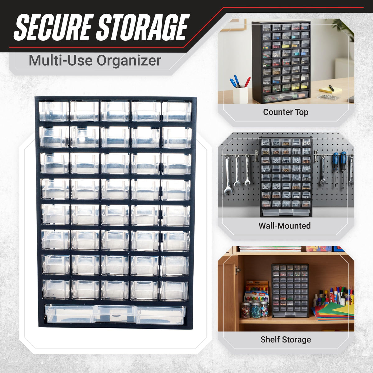 Stalwart 41-drawer storage unit side view shows compact workshop footprint.