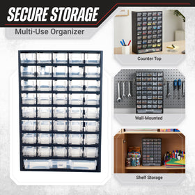 Stalwart 41-drawer storage unit side view shows compact workshop footprint.