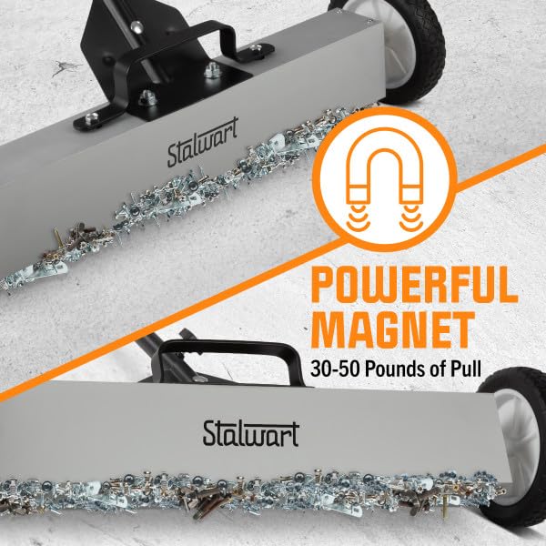 Stalwart magnetic sweeper with extended handle reaches tight spaces.