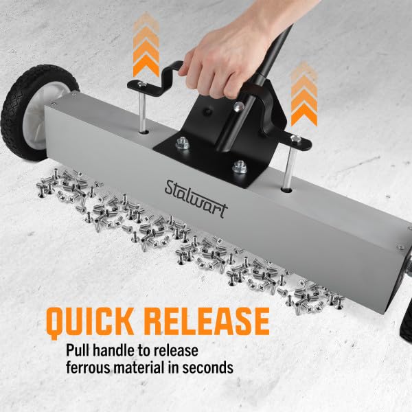 Stalwart magnetic sweeper quick-release bar enables fast release of metal.