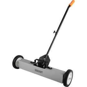 Stalwart magnetic sweeper with rolling head captures metal debris from floors.
