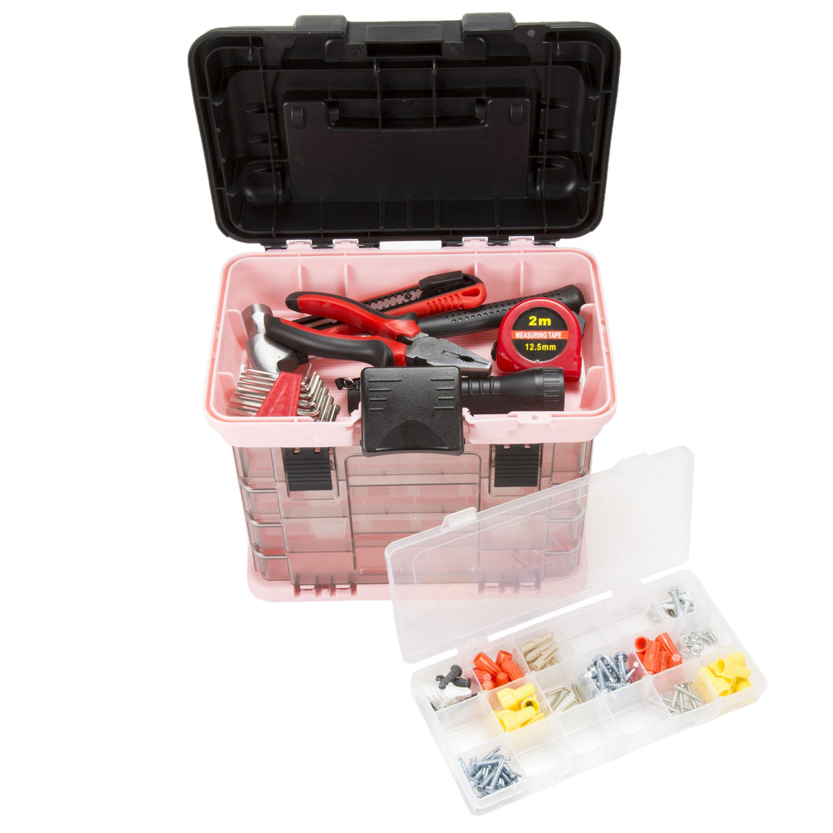 Stalwart pink tool box top compartment keeps tools within easy reach.