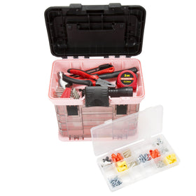 Stalwart pink tool box top compartment keeps tools within easy reach.