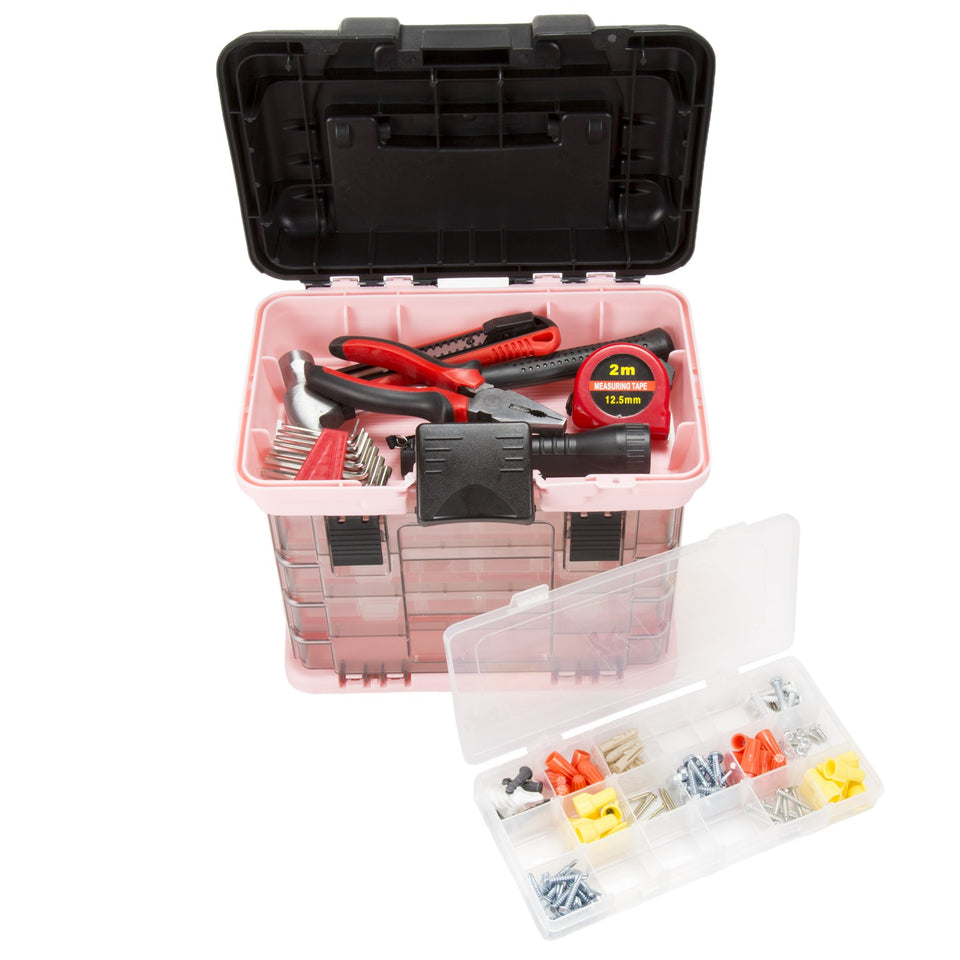 Stalwart pink tool box top compartment keeps tools within easy reach.