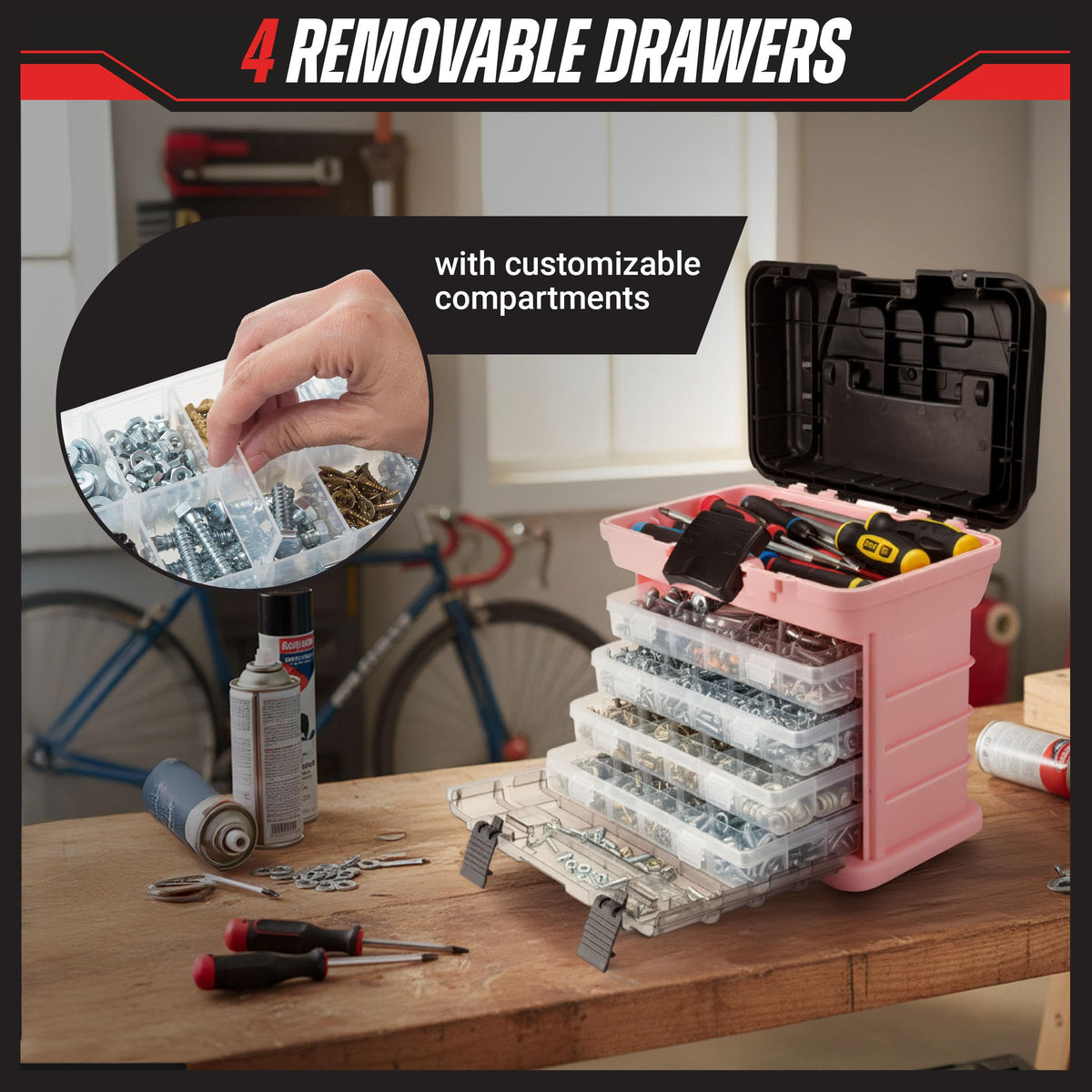 Stalwart plastic tool box with sturdy latches and portable handle.