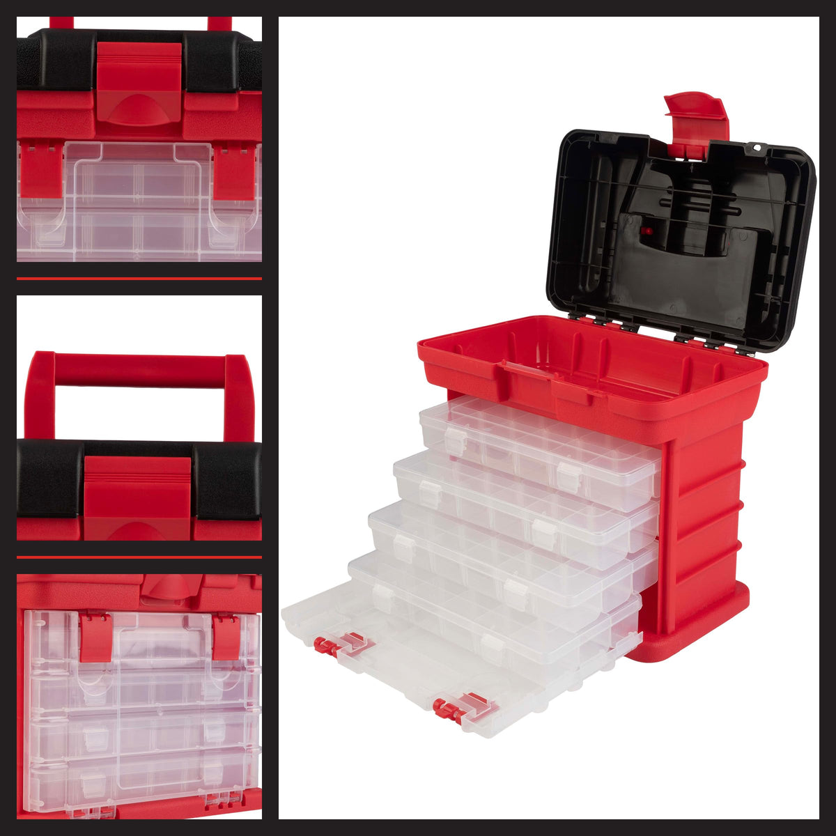Stalwart portable tool box in red and black for easy identification.