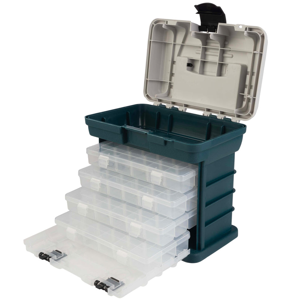 Stalwart portable tool box with top compartment keeps larger items organized during transport.