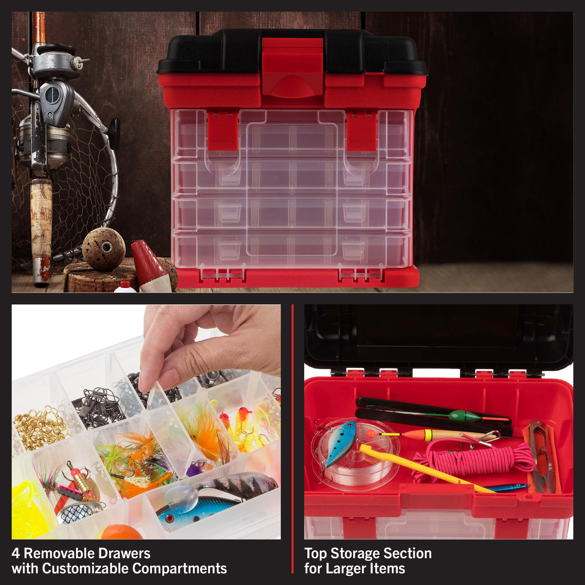 Stalwart portable tool box top storage tray keeps larger items within reach.