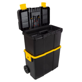 Stalwart portable tool box with wheels enables easy on-site transport.