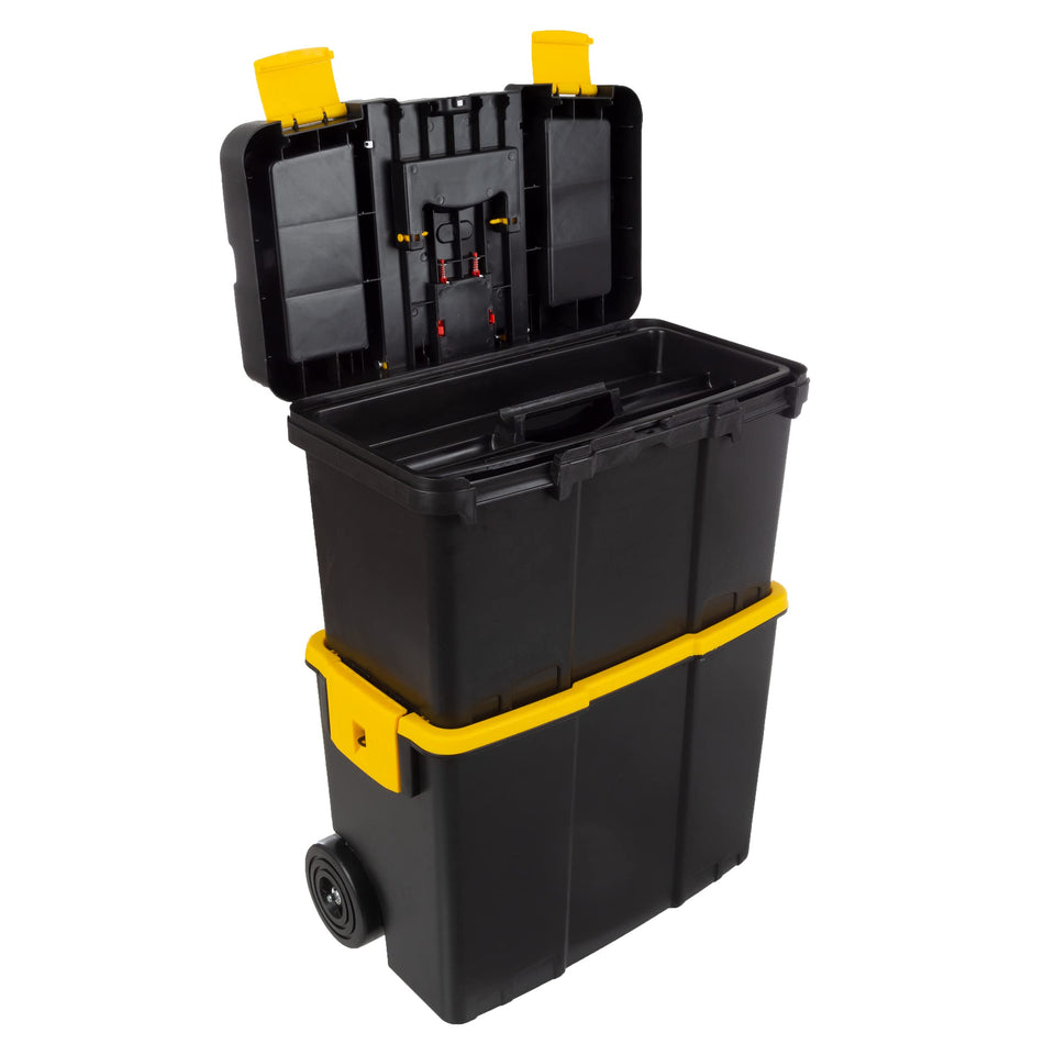 Stalwart portable tool box with wheels enables easy on-site transport.