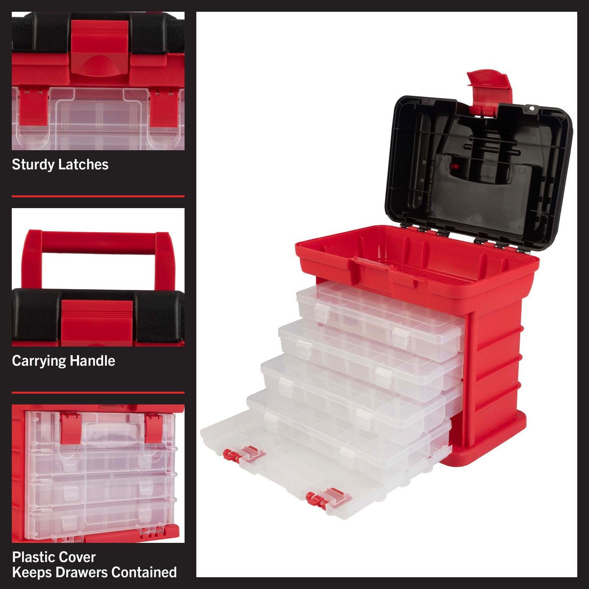 Stalwart tool box carrying handle and latches secure contents during transport.