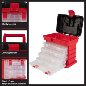 Stalwart tool box carrying handle and latches secure contents during transport.
