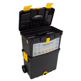Stalwart tool box with fold-down handle, comfort grip for effortless transport