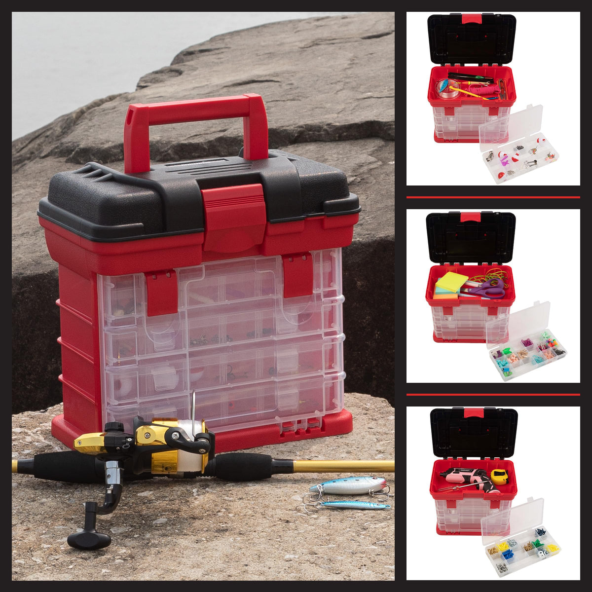 Stalwart tool box ideal for hardware, fishing tackle, beads, and crafts.
