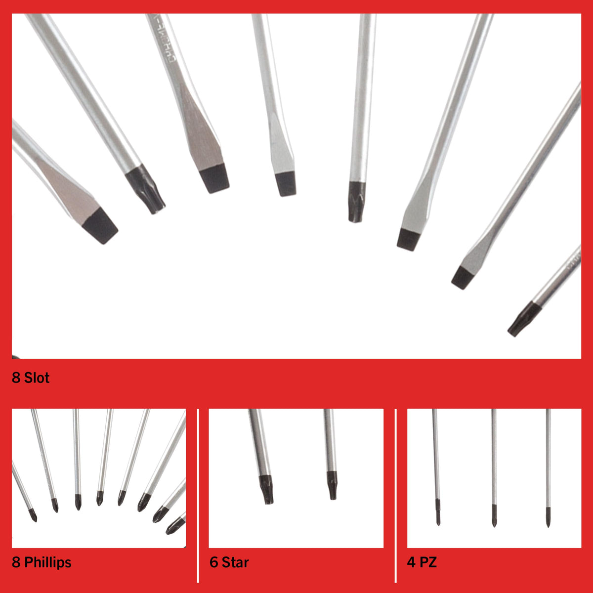 Stalwart variety head types screwdrivers for slotted, Phillips, star, and Pz bits