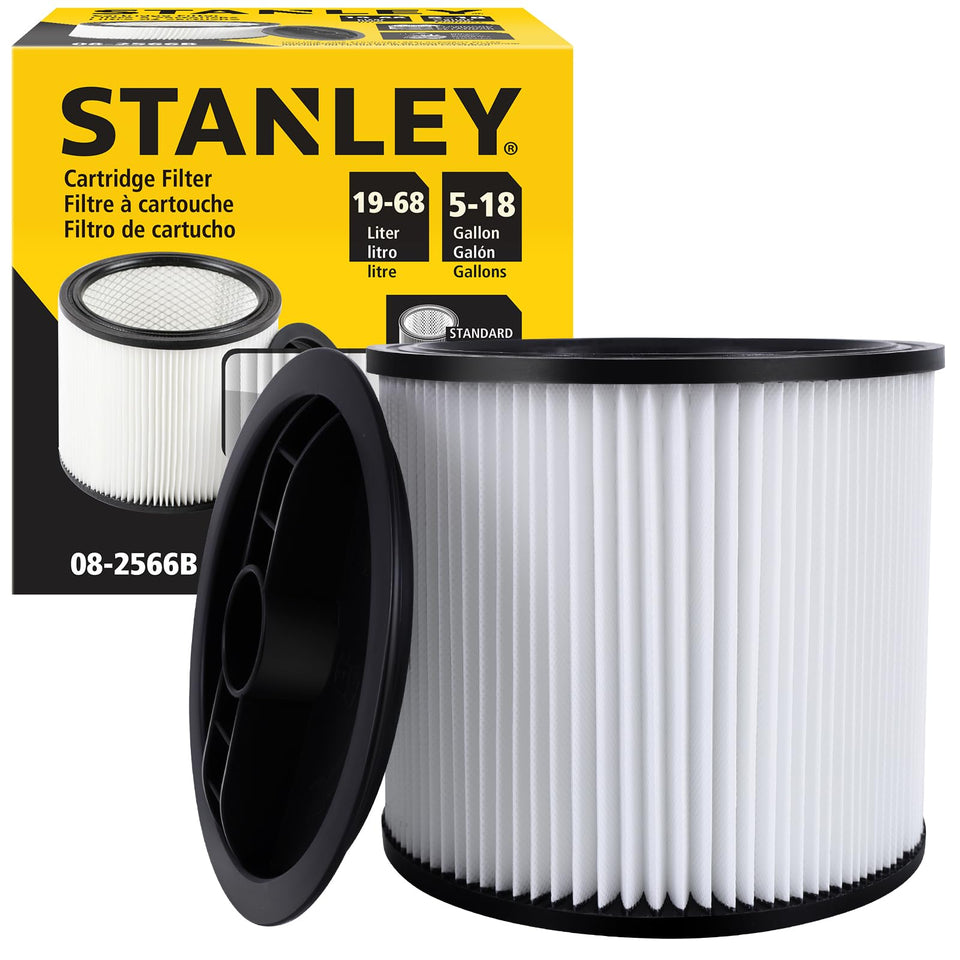 Stanley 08-2566B cartridge filter with pleated design for improved airflow and dust capture.