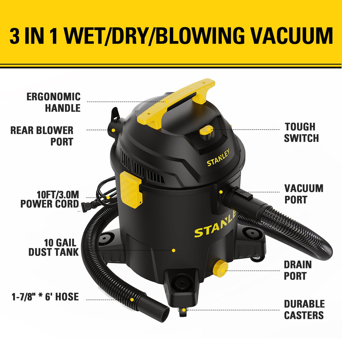 STANLEY 6-HP motor delivers strong suction for tough messes