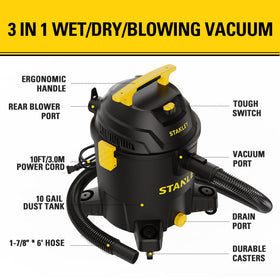 STANLEY 6-HP motor delivers strong suction for tough messes