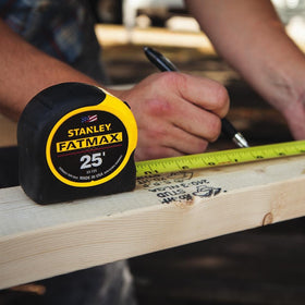 Stanley FatMax 25 ft tape measure with multi-catch hook for versatile top or bottom readings.