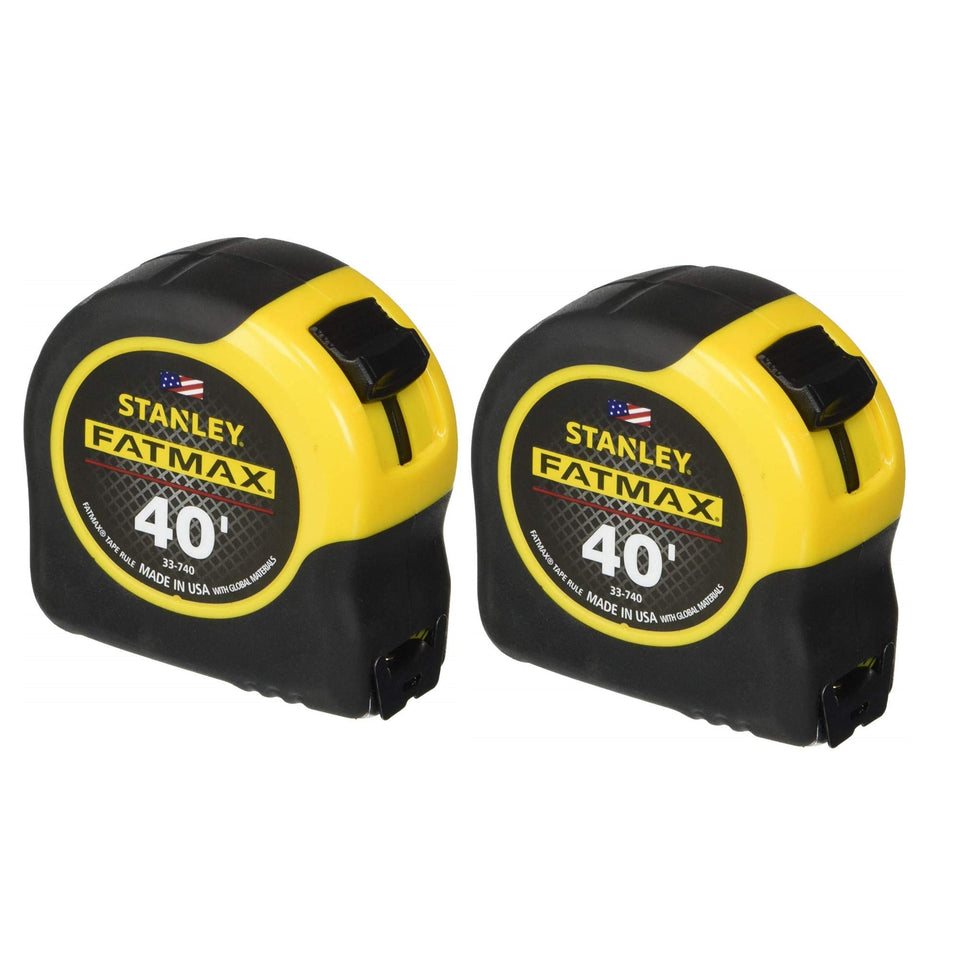 STANLEY FATMAX 40ft tape measure in front view with rugged yellow and black case for tough jobs
