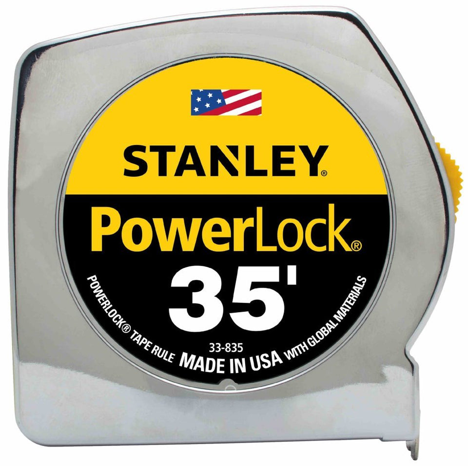 STANLEY PowerLock 35ft tape measure with chrome finish—durable daily use.