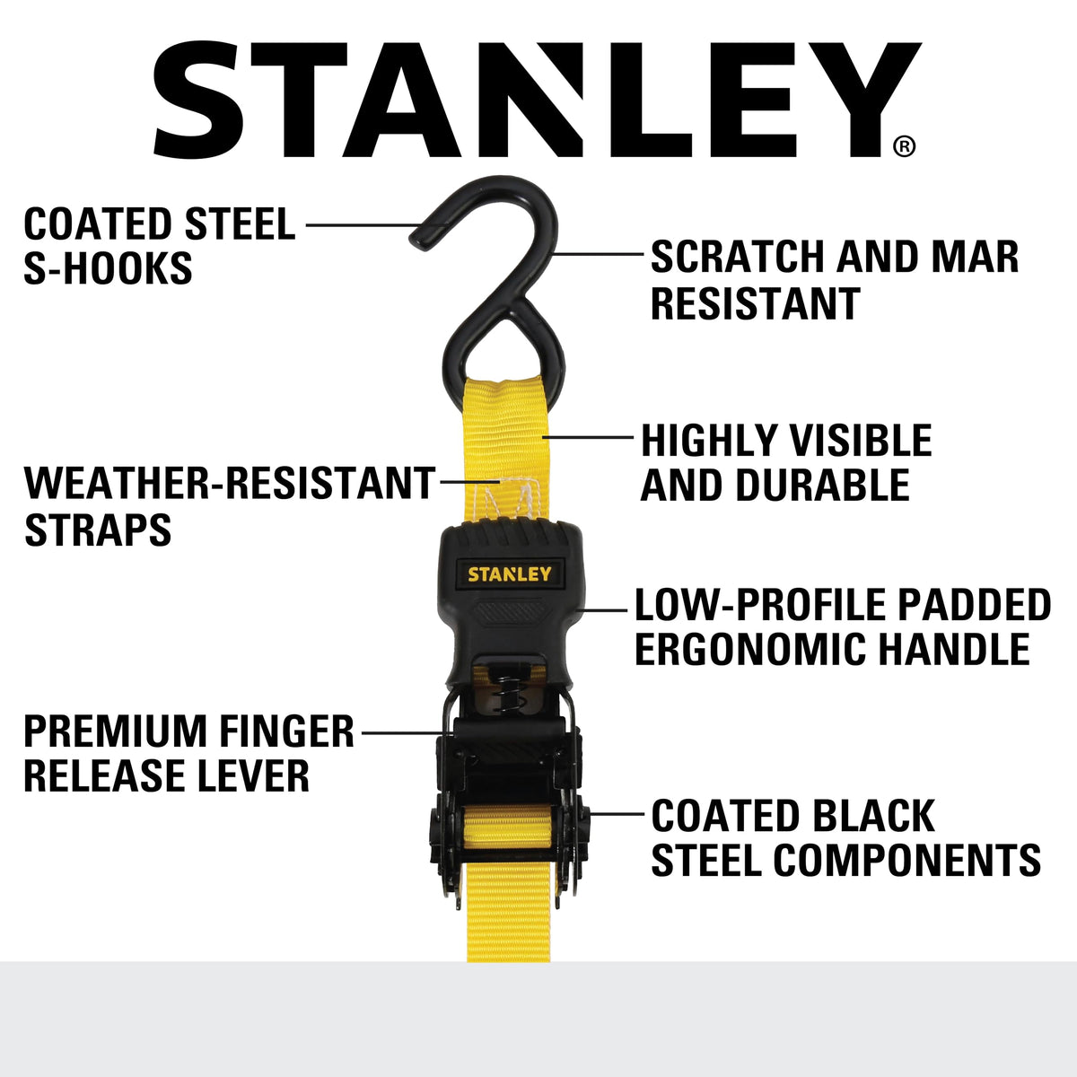 STANLEY ergonomic padded-handle ratchet strap for comfortable quick-grab operation