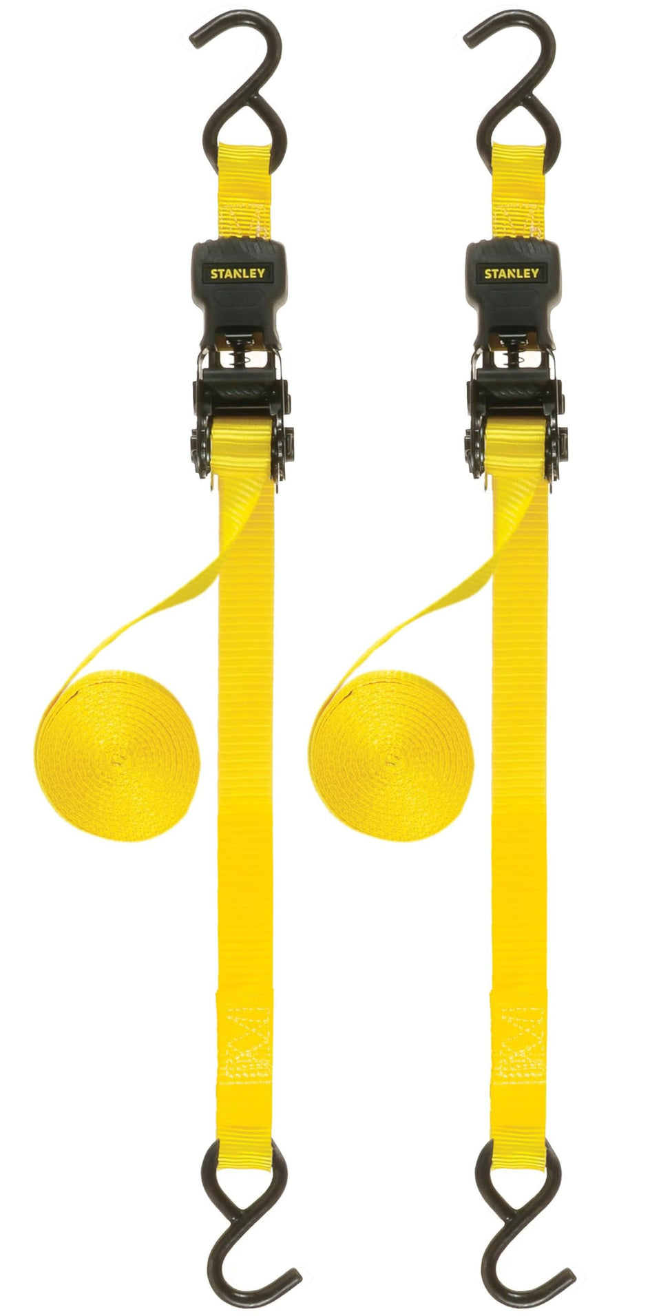 STANLEY S10002-12 ratchet strap in black and yellow for secure cargo tie-downs