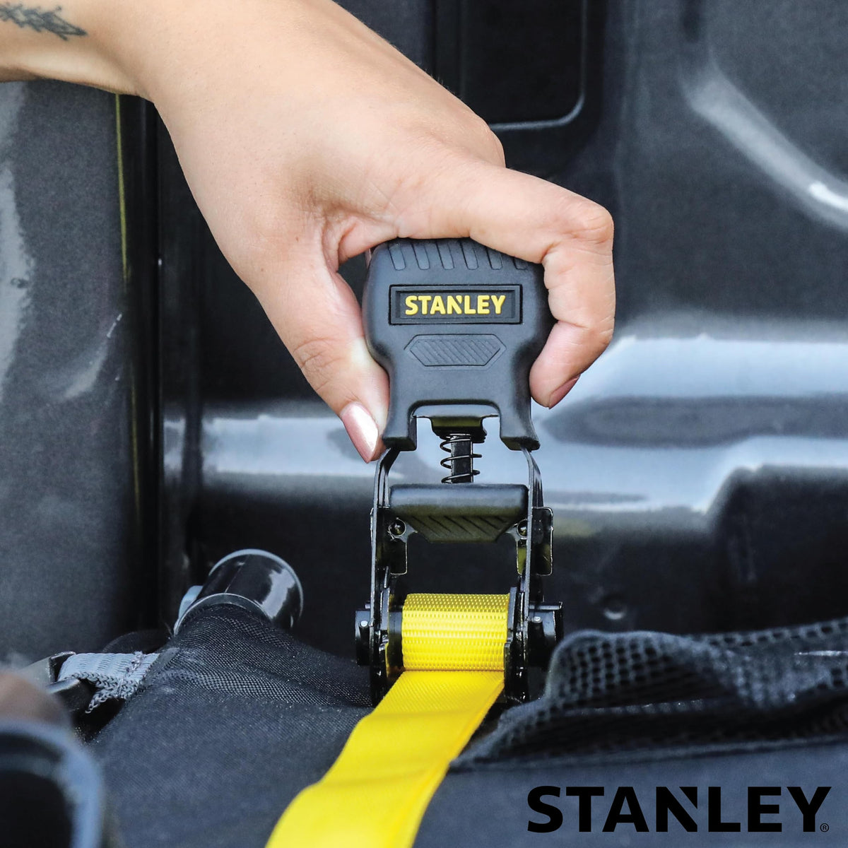 STANLEY S10004-12 1in strap shows durable length for tying down long cargo