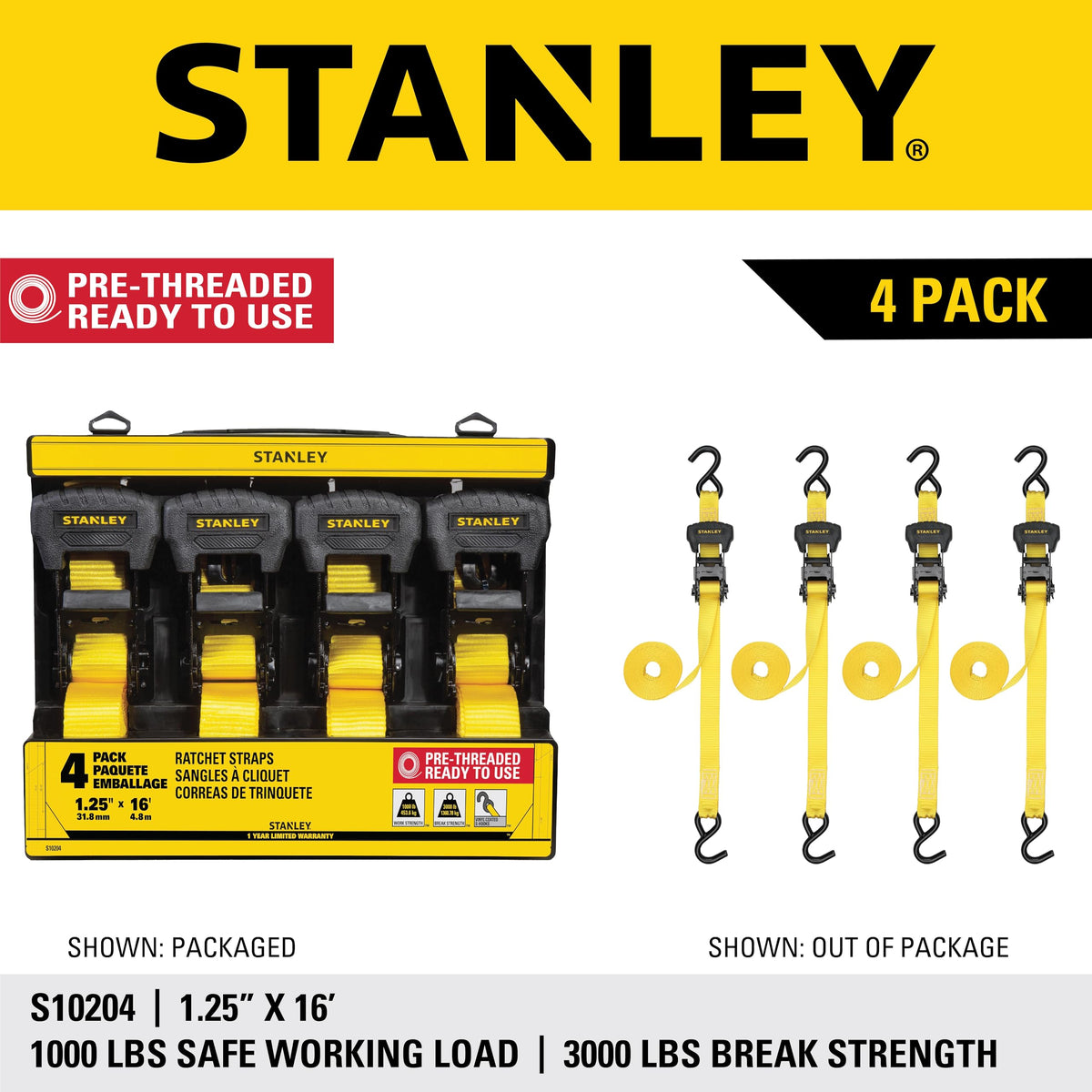 Four-pack display of STANLEY S10204 provides ready cargo solutions.