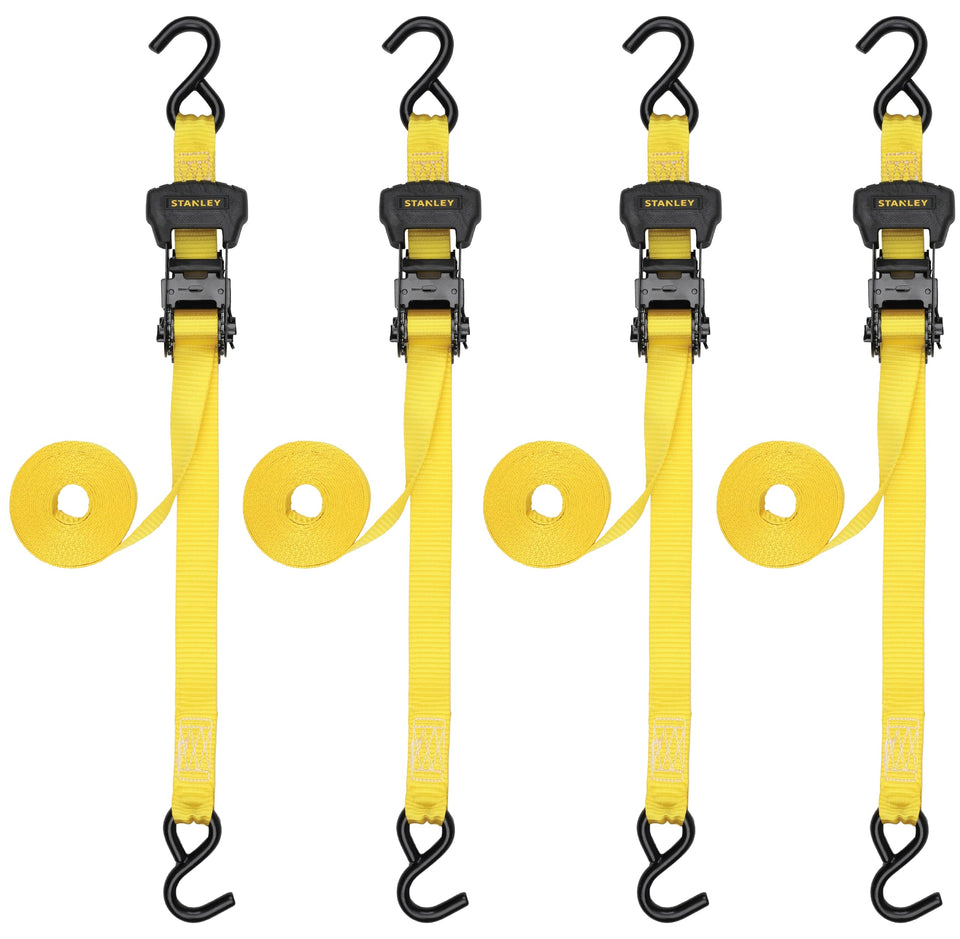 STANLEY S10204 ratchet straps in package enable fast, secure cargo binding.