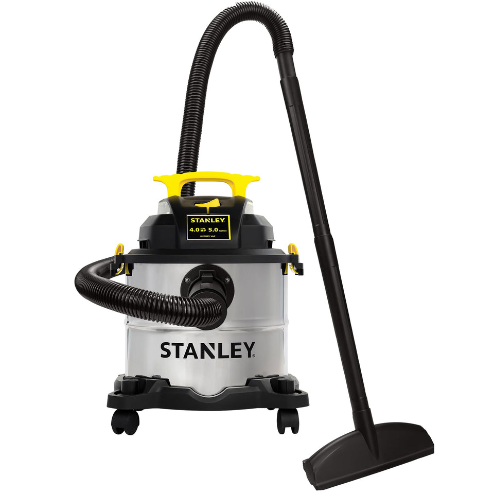 STANLEY SL18115 front view highlights durable stainless tank and portable design for quick cleanups.