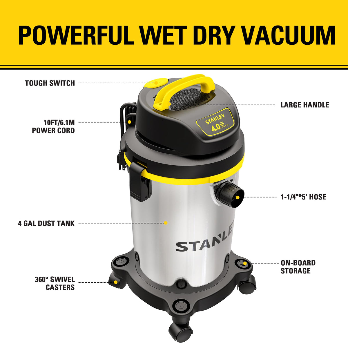 Stanley SL18129 vacuum hose extends to reach tight spaces.