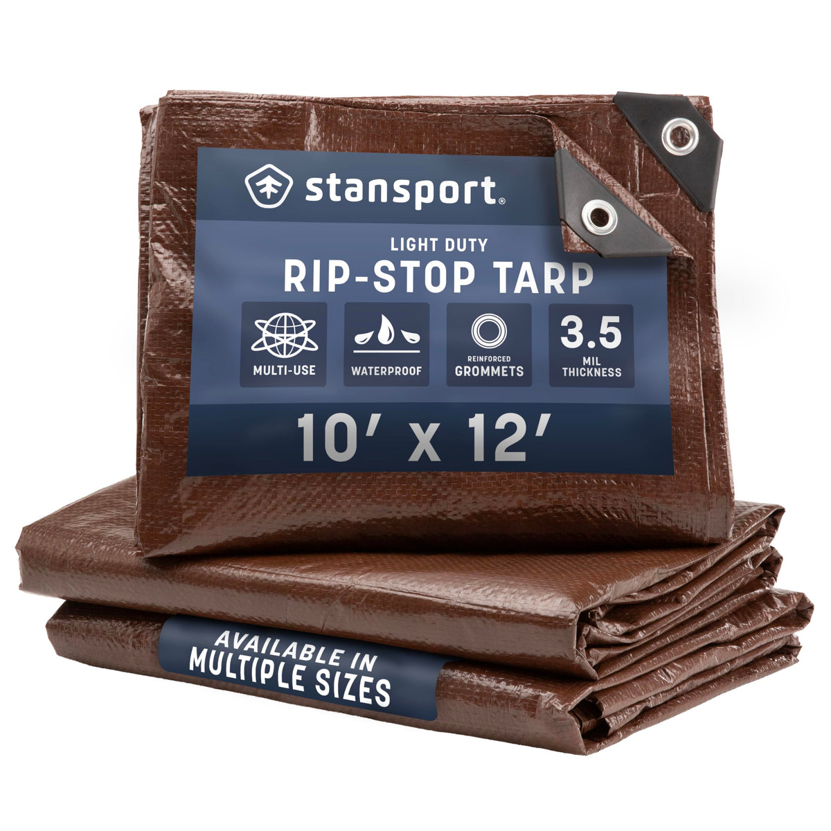 Stansport light-duty brown tarp protects gear during camping.