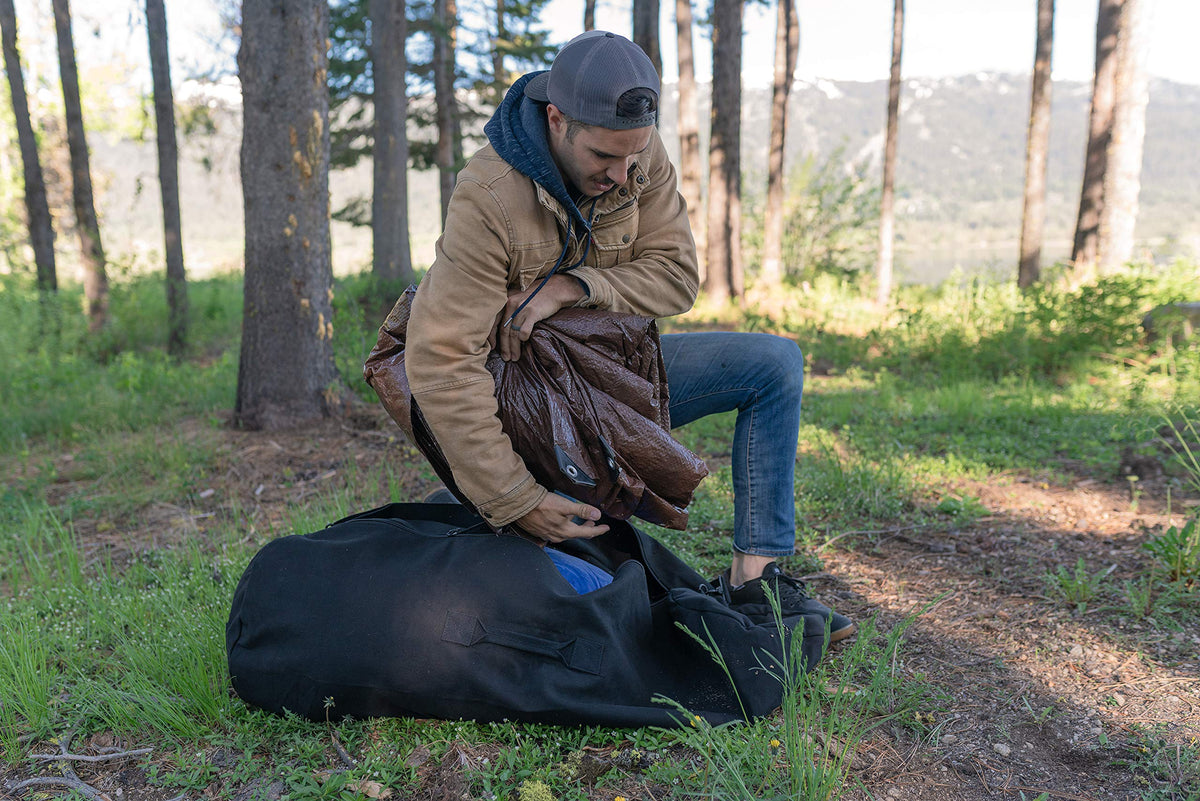 Stansport shelter tarp folds compactly for transport.