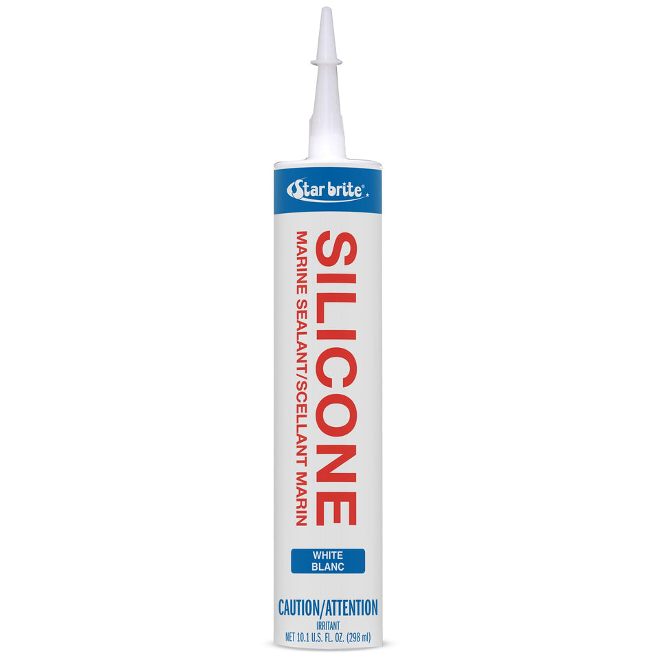 STAR BRITE Marine Silicone Sealant white bottle shows versatile bonding for marine surfaces.