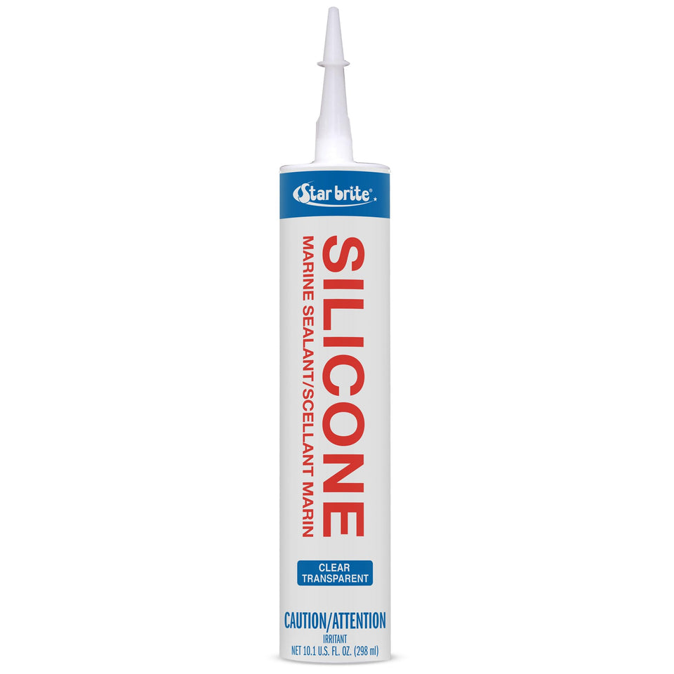 Star Brite Marine Silicone Sealant in a clear 10oz bottle showing durable waterproof seal