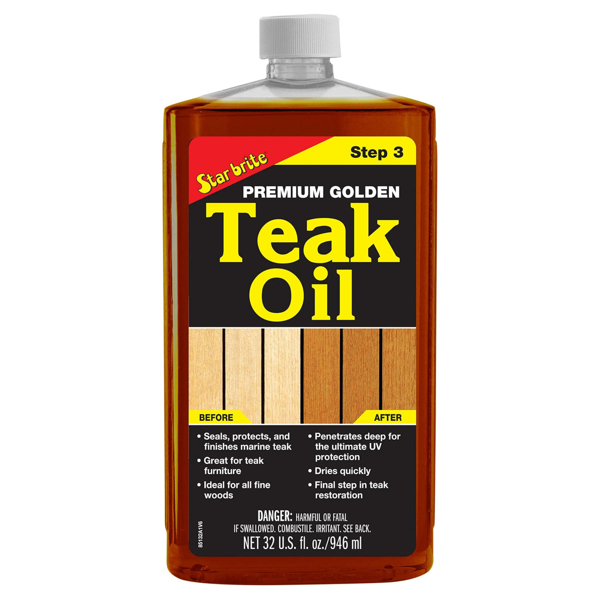 Star Brite Premium Golden Teak Oil bottle used on outdoor teak furniture for protection.