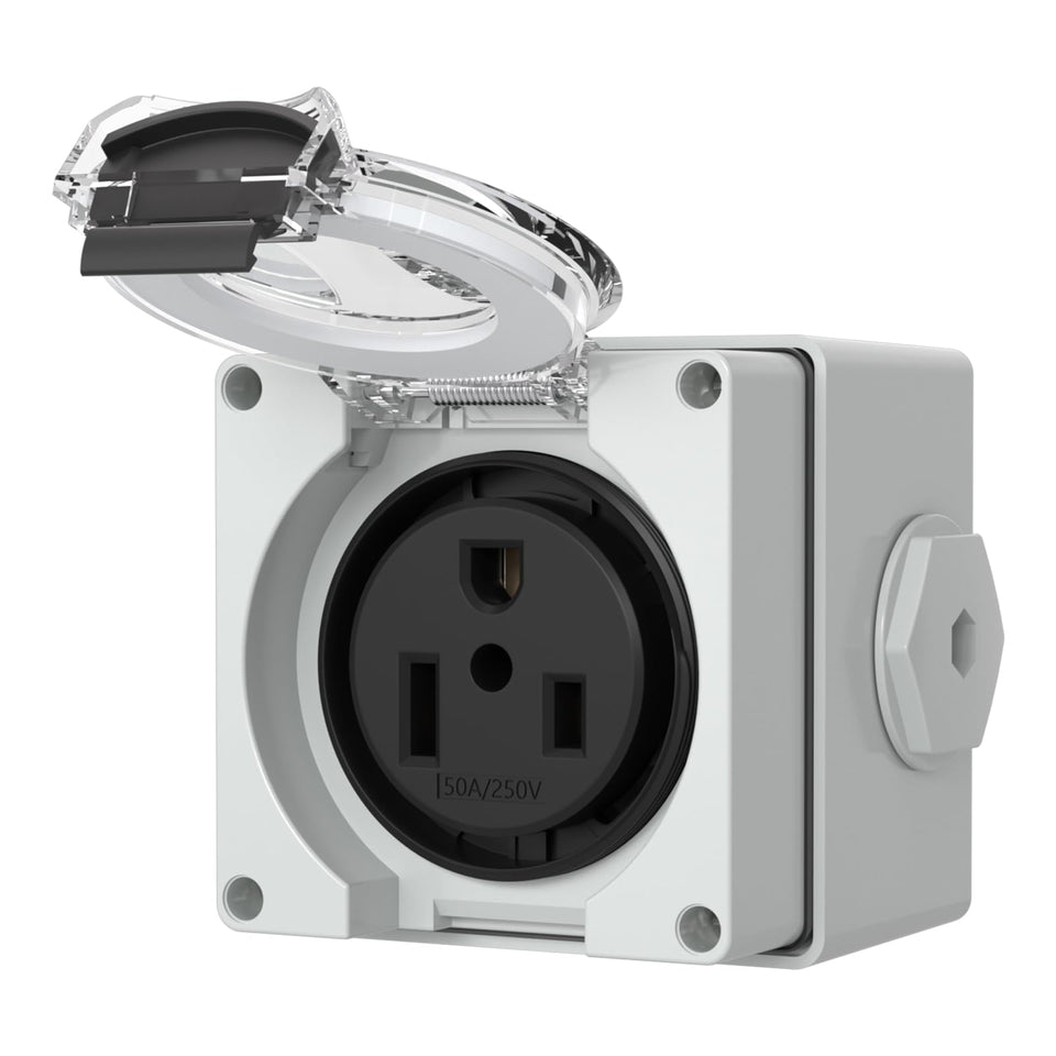 STARELO 50A outdoor outlet box front view for high-power outdoor use.