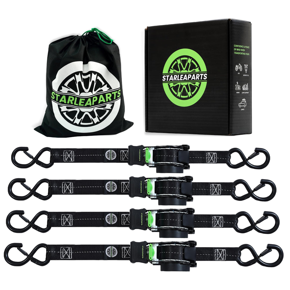 STARLEAPARTS retractable ratchet straps side view with 1-inch webbing and coated hooks for secure ties.