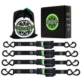 STARLEAPARTS retractable ratchet straps side view with 1-inch webbing and coated hooks for secure ties.