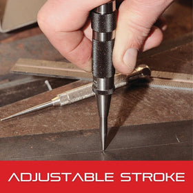 Center punch marks metals, plastics, and wood for precise hole starts.