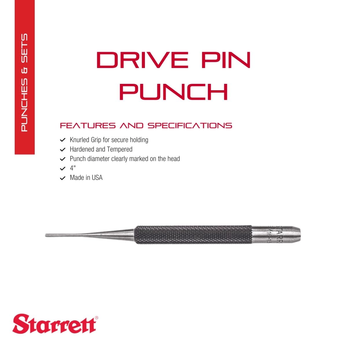 Starrett hardened steel drive pin punch, 1/16 inch diameter for precise work
