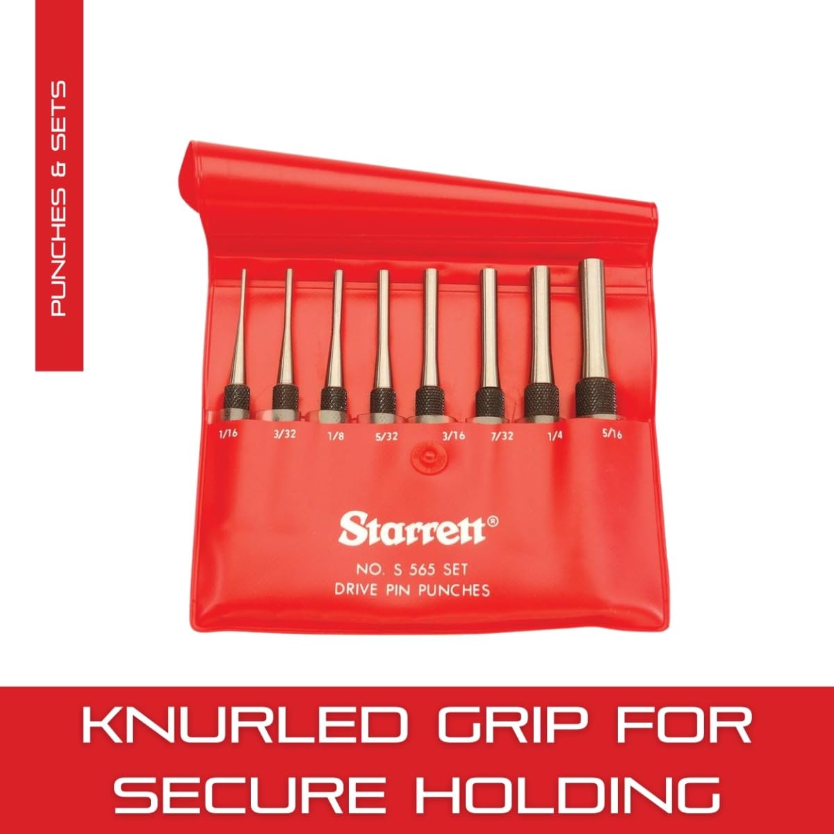 Starrett drive pin punch set mounted in housing, four-inch length