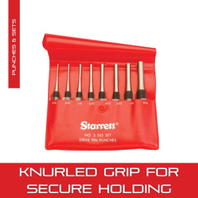 Starrett drive pin punch set mounted in housing, four-inch length