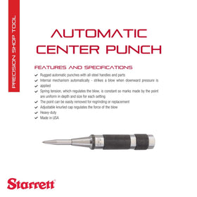 Knurled cap on the Starrett center punch shows adjustable stroke for material-specific indentation.