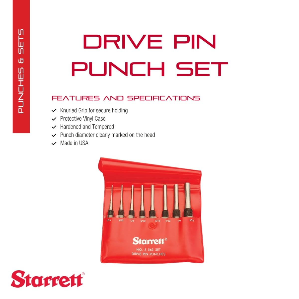 Closeup of Starrett S565PC punches showing size markings on heads